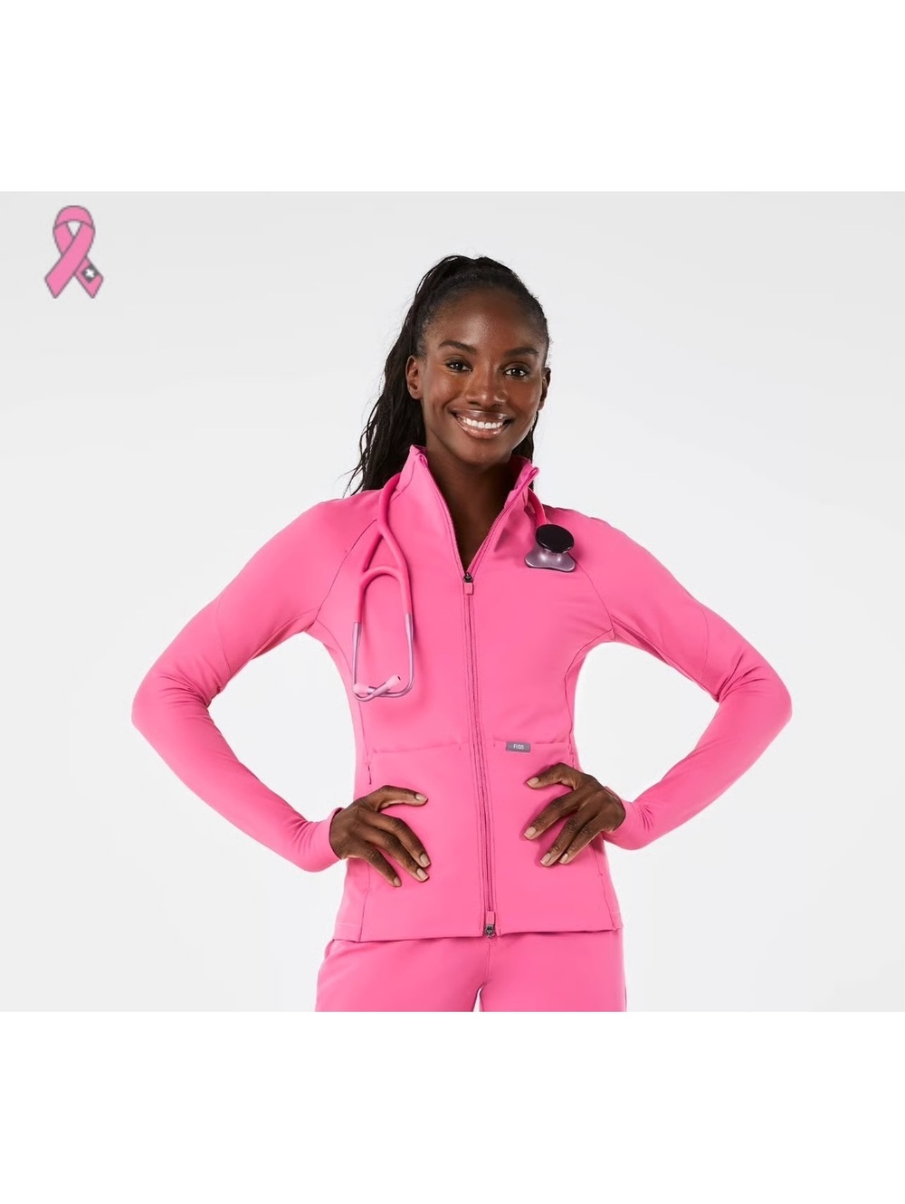 FIGS Women's ContourKnit Pink Scrub Jacket BCA breast cancer awareness LE